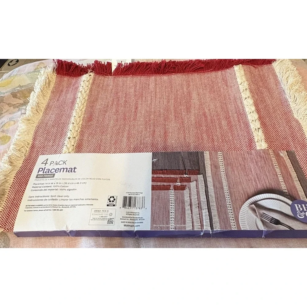 New‎ Better Homes And Gardens Four Cotton Red/Ivory Fringe Placemats 14